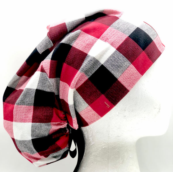 Red Plaid Stretch Cotton Ponytail Scrub Hat