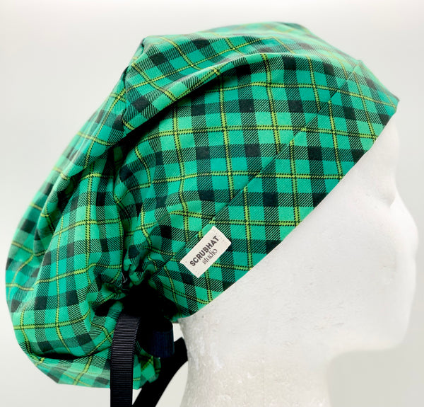 Green Plaid Ponytail Scrub Hat