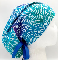 Blue Batik Stretch Cotton Ponytail Scrub Hat